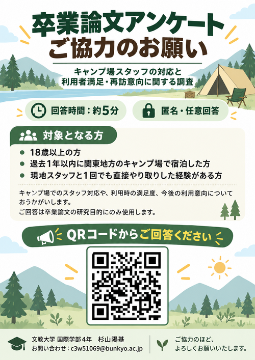 CAMPiii（キャンピー） 杉山陽基さんのキャンプブログ 【卒論アンケート協力のお願い】 