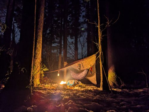 石川県の山の中で雪中Hammock 石川県 ソロキャンプ フリーサイト gajumaruさんのキャンプブログ CAMPiii（キャンピー） -キャンプ専用SNS キャンプのすべてがここに集まる-
